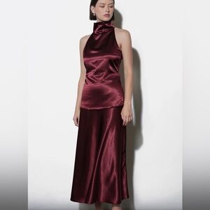 Greylin Deep Red Burgundy Satin 2-piece Formal Set: Cowl Neck Shirt and Skirt